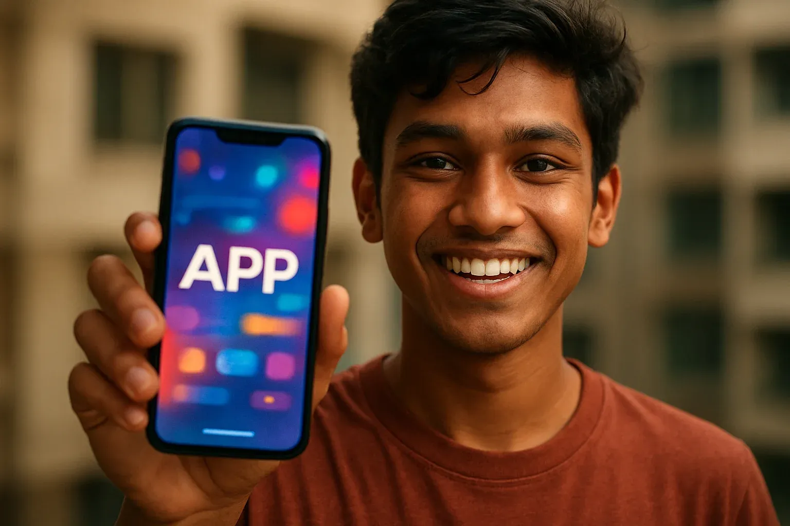 Smiling young Bangladeshi man holding smartphone with glowing app screen facing camera