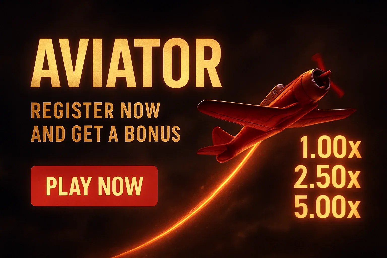 Aviator crash game banner with red plane, multipliers, and play now button