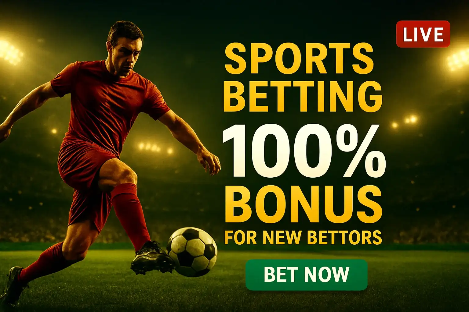 Sports betting banner with footballer, stadium, bonus offer, and bet now button