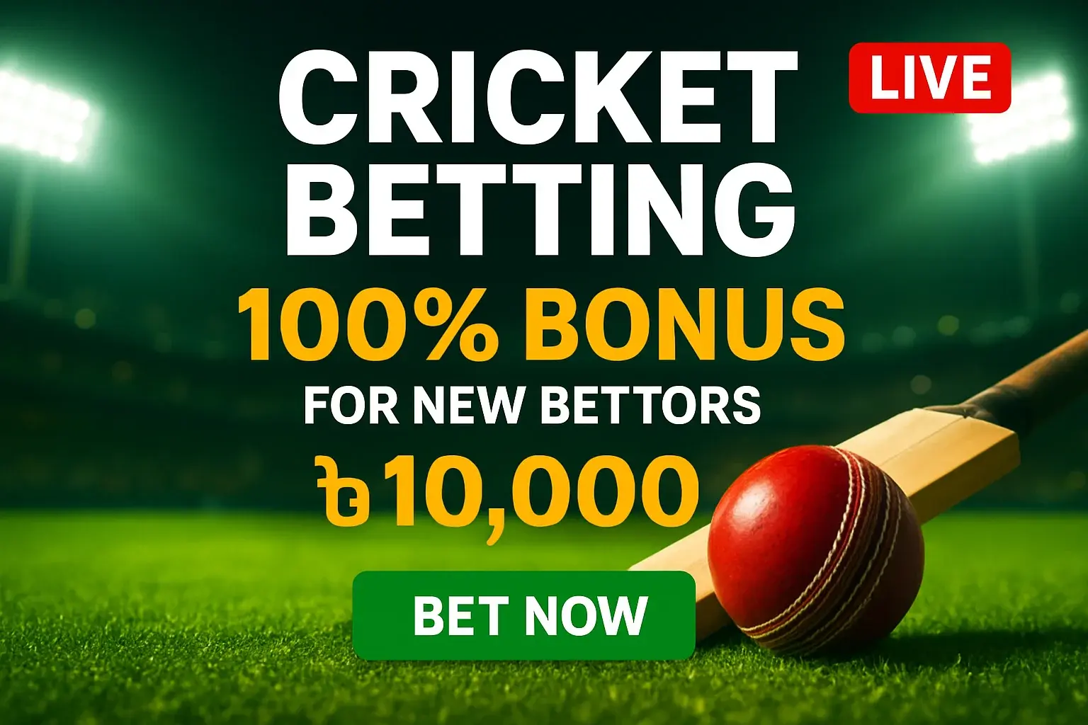 Cricket betting banner with stadium, bat, ball, bonus and Bet Now button