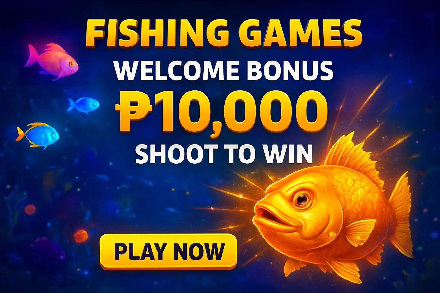 Fishing arcade banner with underwater boss fish, bonus offer, and play button