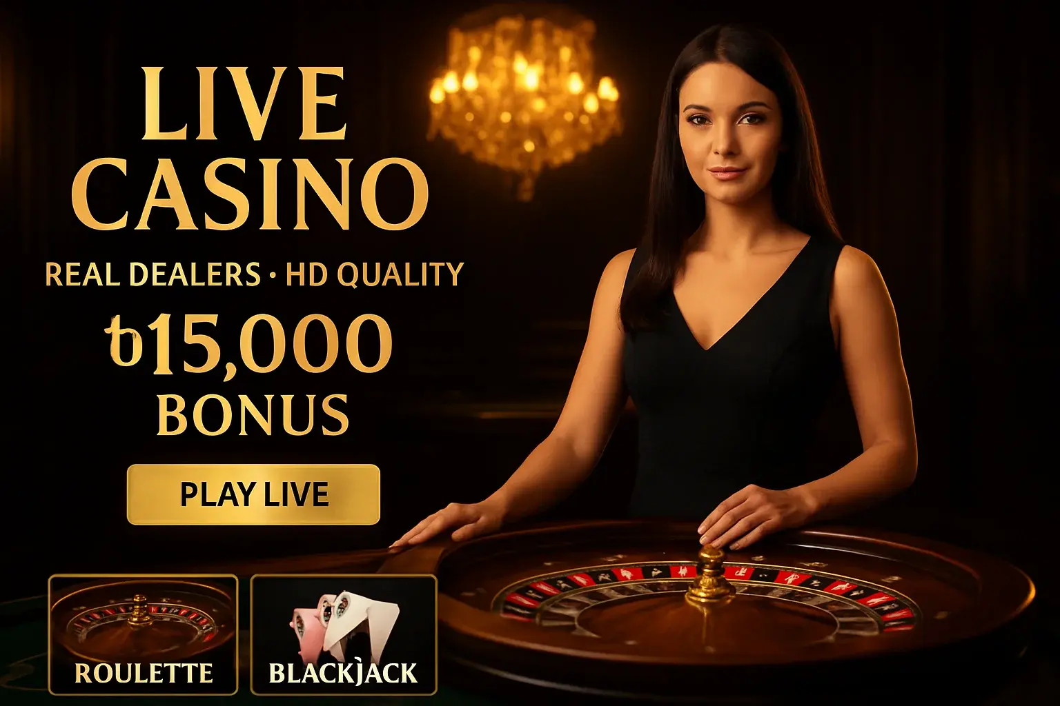 Live casino banner with female dealer, roulette table, gold lighting