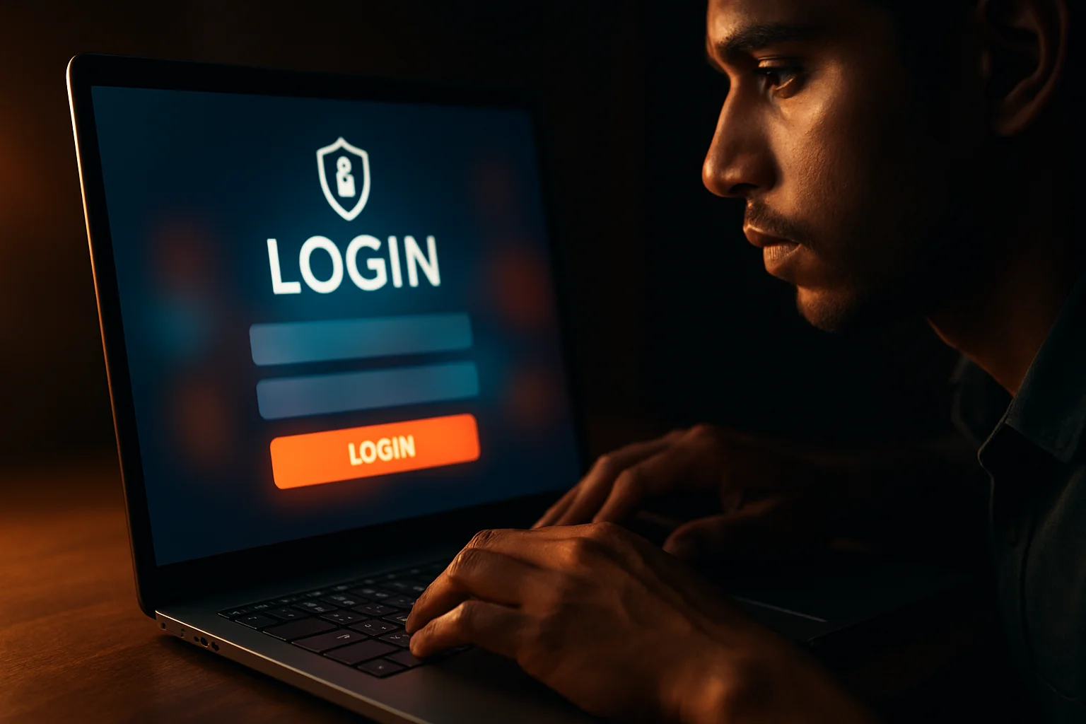 Young Bangladeshi man's hands on laptop showing LOGIN sign-in screen