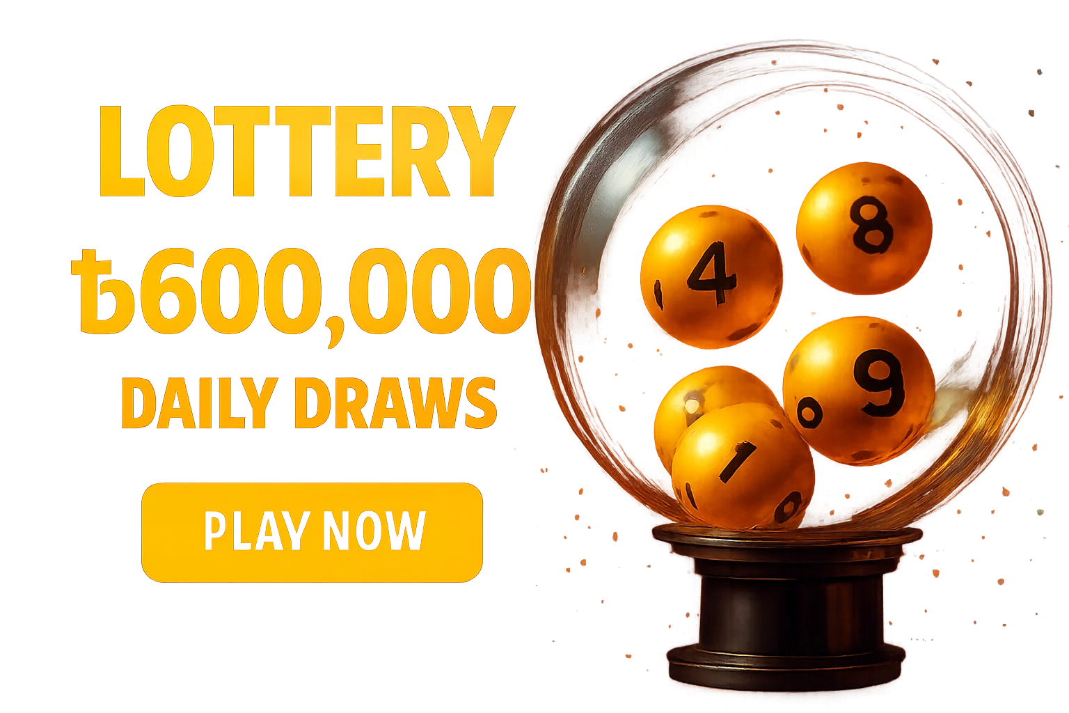 Golden lottery balls tumbling in transparent draw machine promotional banner