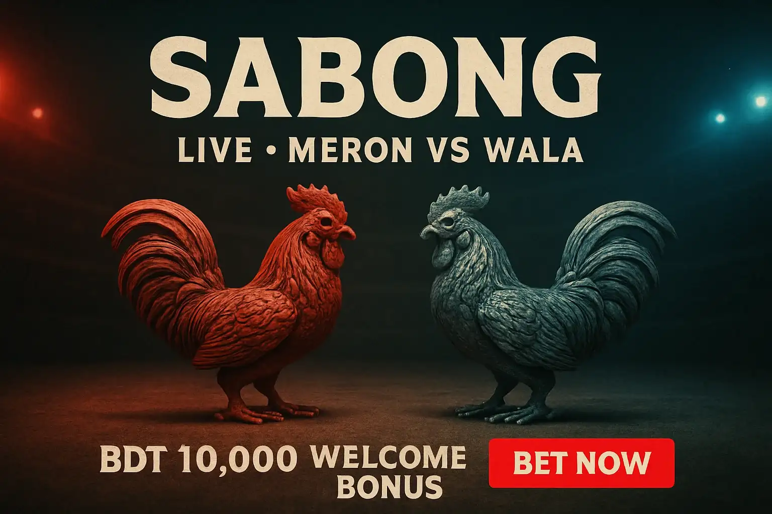 Live sabong banner with decorative rooster figurines and bonus offer