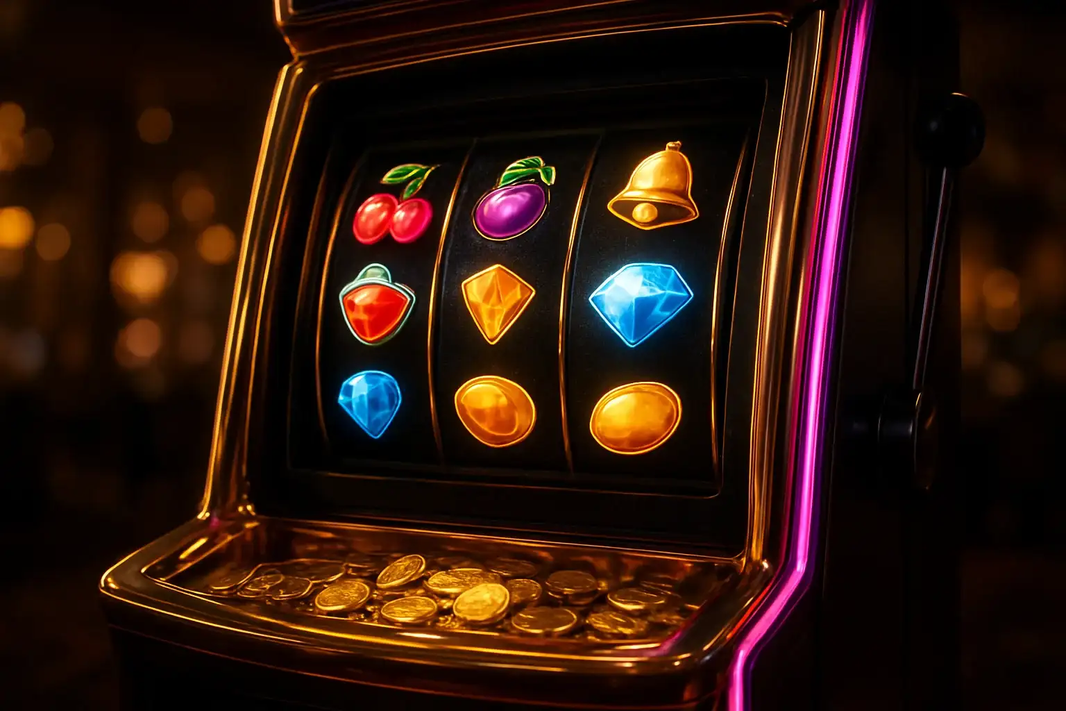 Hyperrealistic premium slot machine with three vertical reels in luxury casino